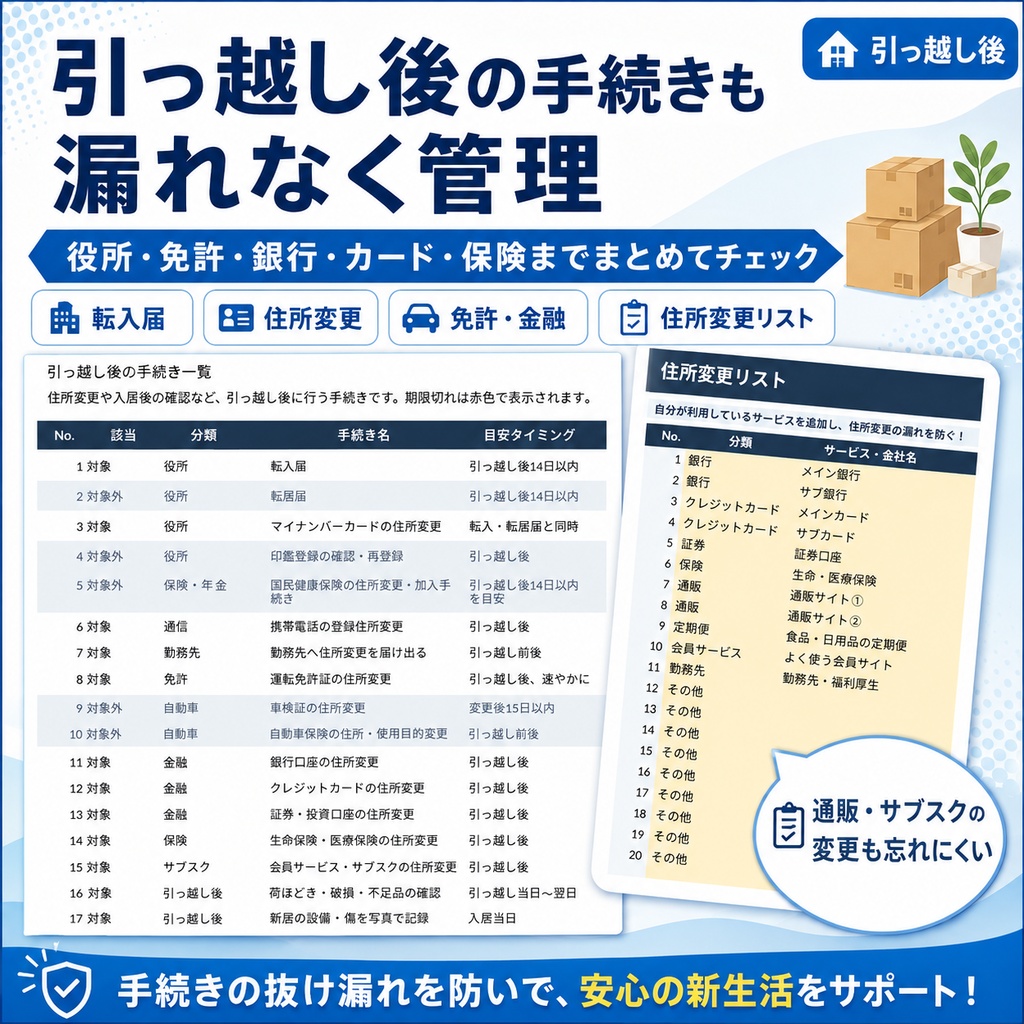 【Excel】引っ越し手続き一覧管理表|期限自動計算・進捗チェック付き