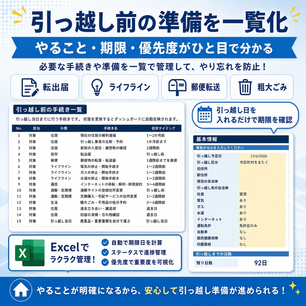 【Excel】引っ越し手続き一覧管理表|期限自動計算・進捗チェック付き