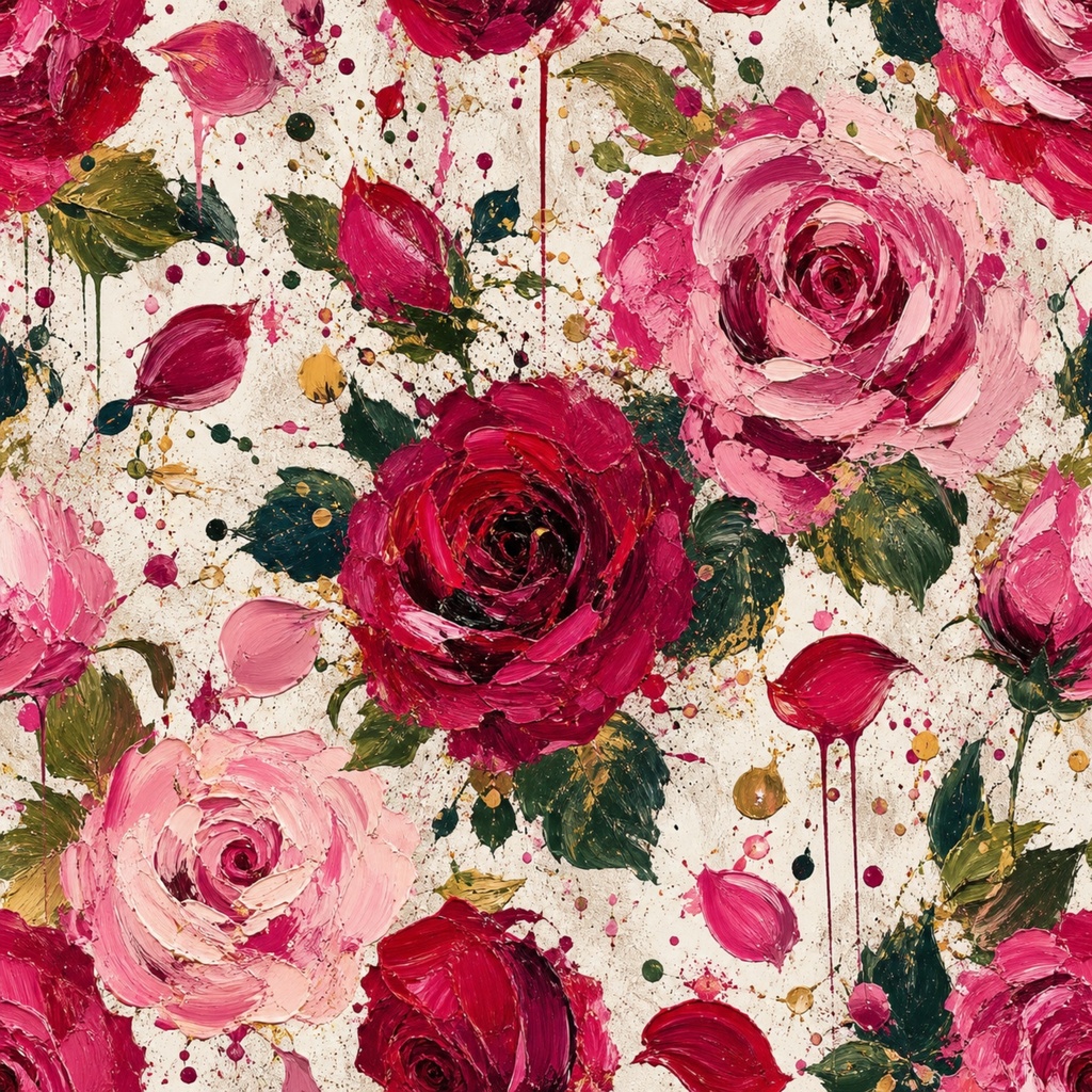デジタルペーパー用イラスト　インパスト・ローズ・スプラッターImpasto Rose Splatter　情熱の油彩ローズガーデン2枚入り