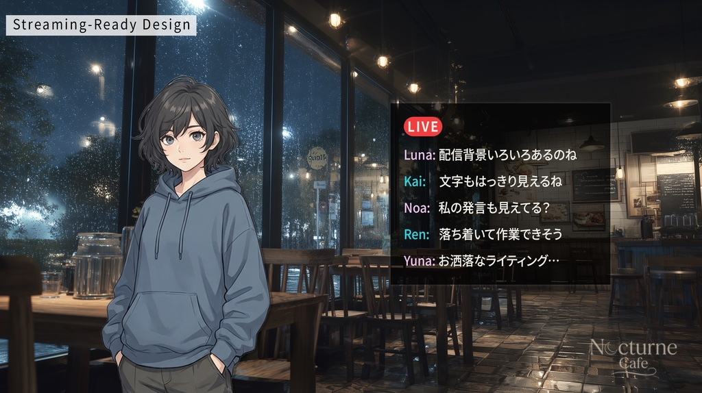 Nocturne Café Backgrounds Vol.2 -– Rain Edition 配信対応・夜カフェ背景素材(24枚)