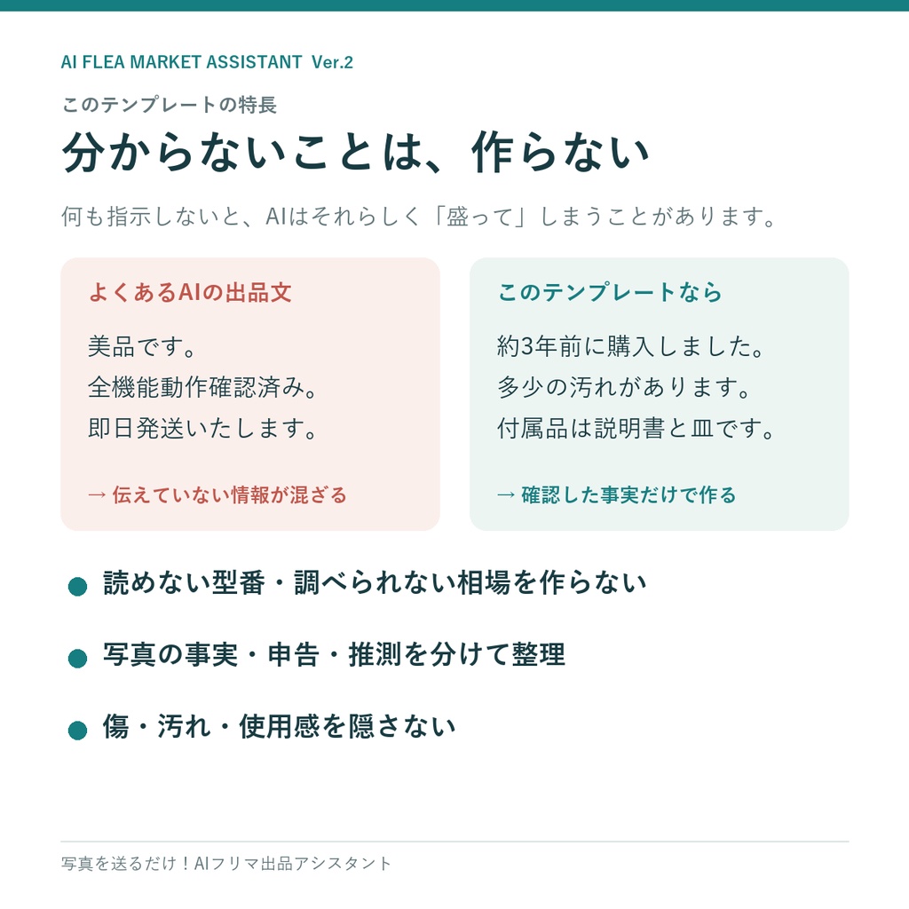 写真を送るだけ!AIフリマ出品アシスタント|万能テンプレート+目的別11種