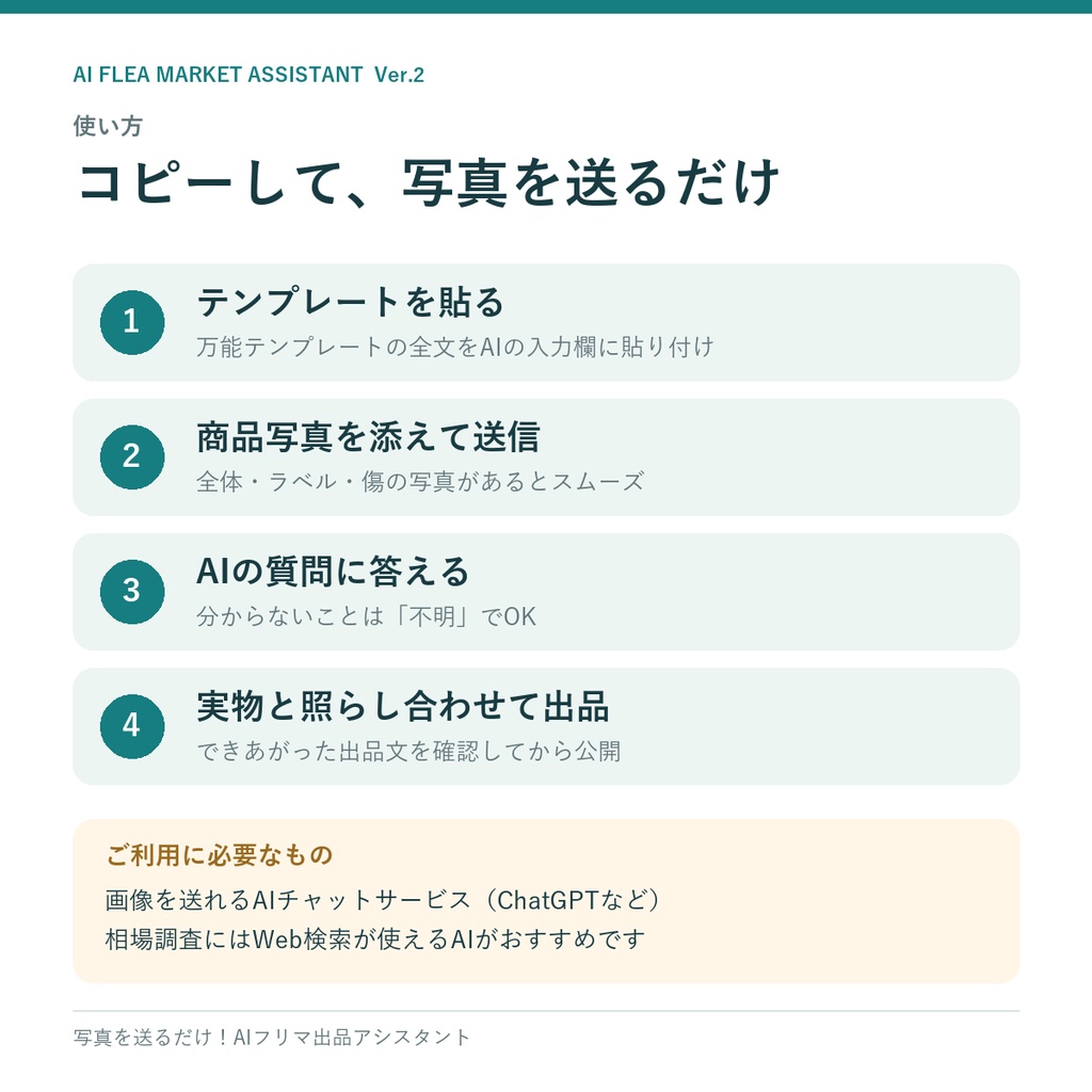 写真を送るだけ!AIフリマ出品アシスタント|万能テンプレート+目的別11種