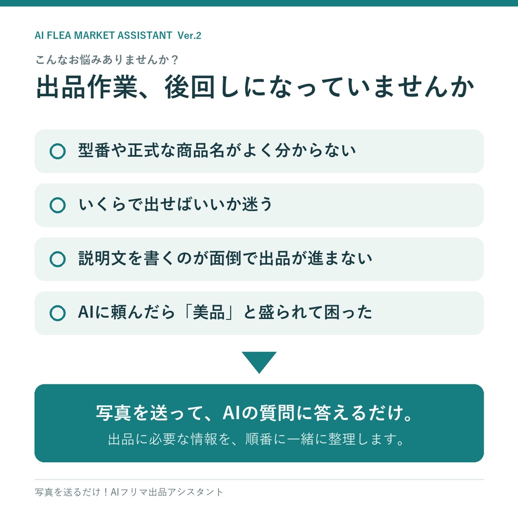 写真を送るだけ!AIフリマ出品アシスタント|万能テンプレート+目的別11種