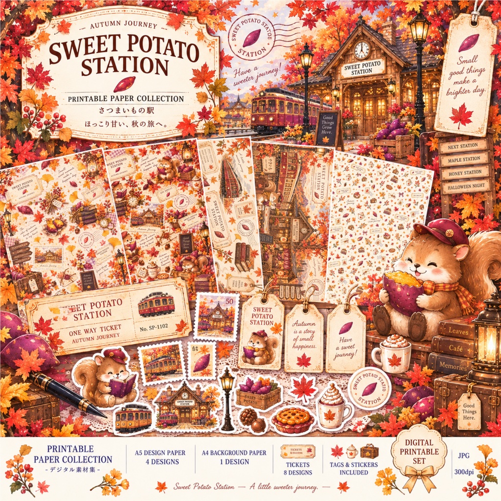 Sweet Potato Station | 秋のデザインペーパー・チケット素材セット