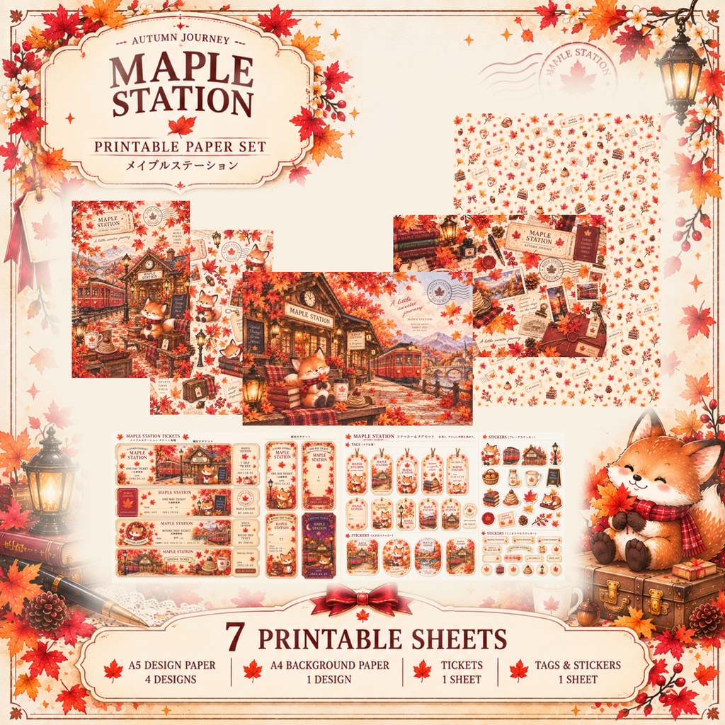 Maple Station | 秋のデザインペーパー・チケット素材セット