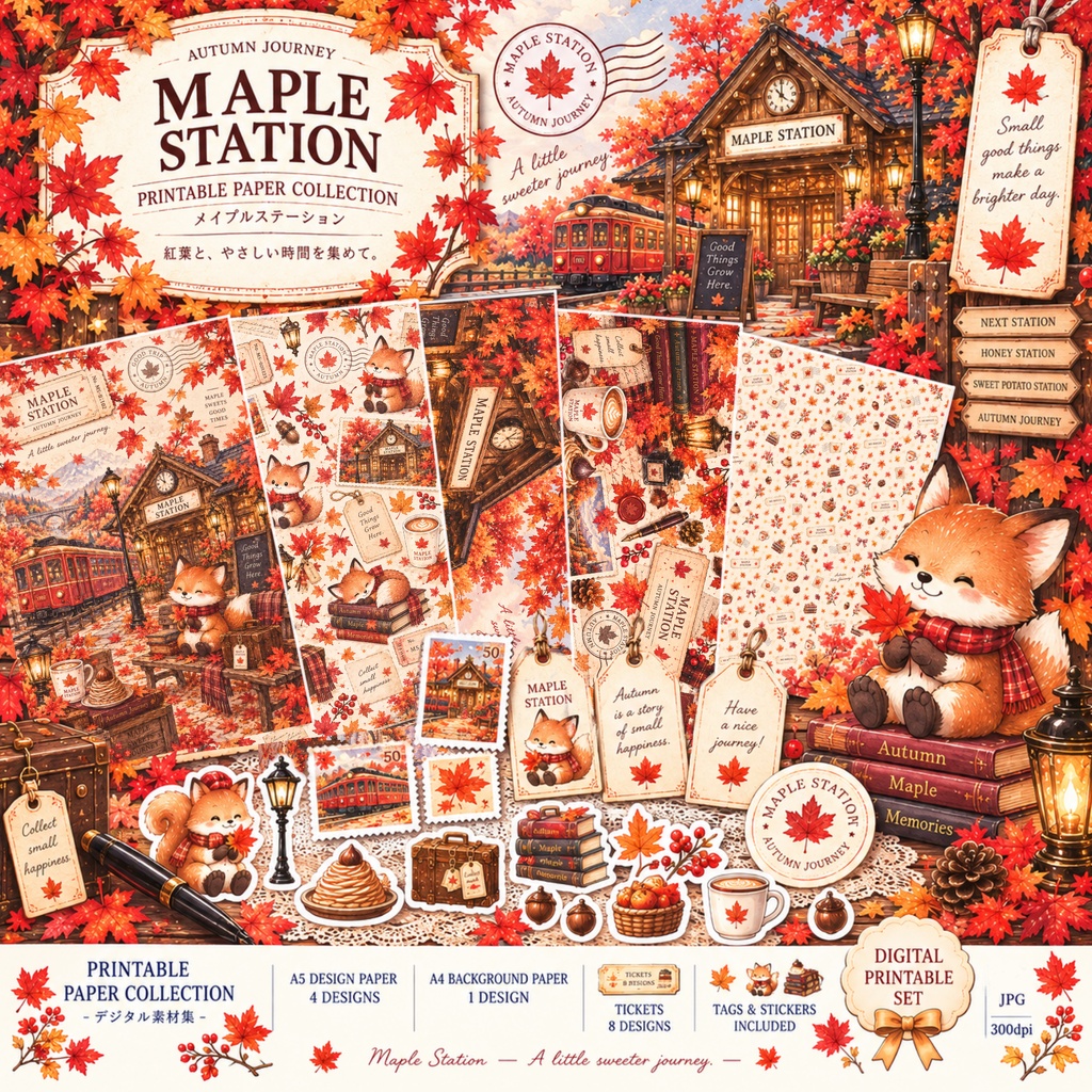 Maple Station | 秋のデザインペーパー・チケット素材セット