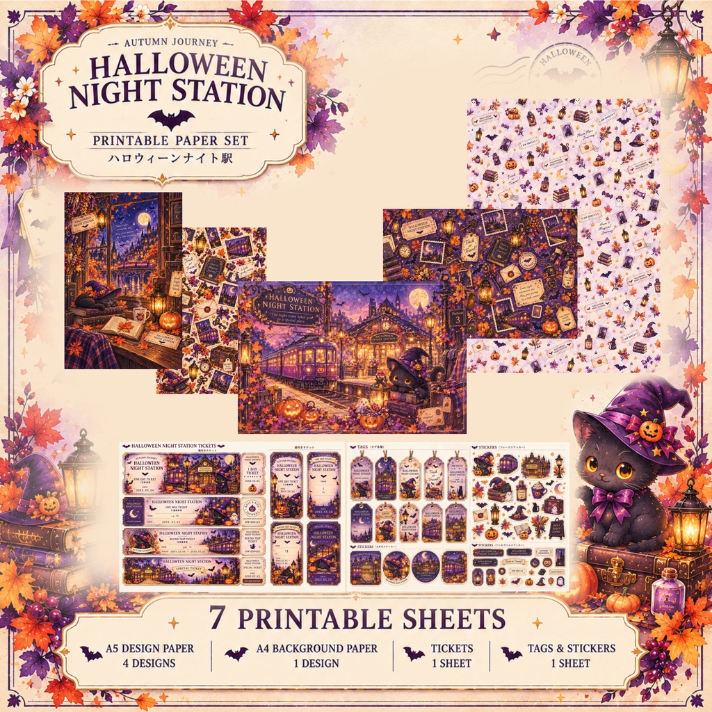 Halloween Night Station | 秋のデザインペーパー・チケット素材セット