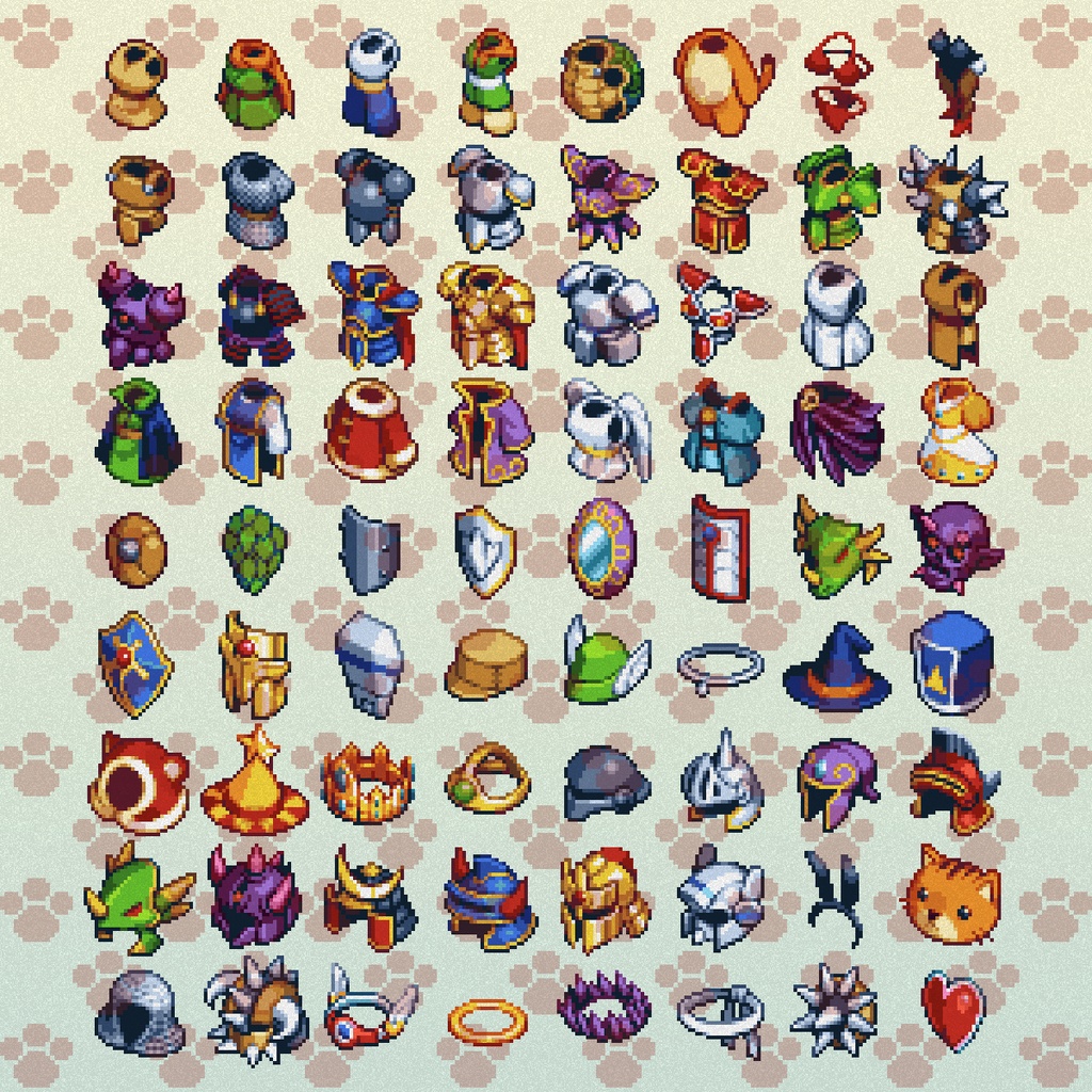 ドット絵アイコンセット「防具Ⅰ」(32×32+16x16) 頭・胴・盾装備 72アイテム