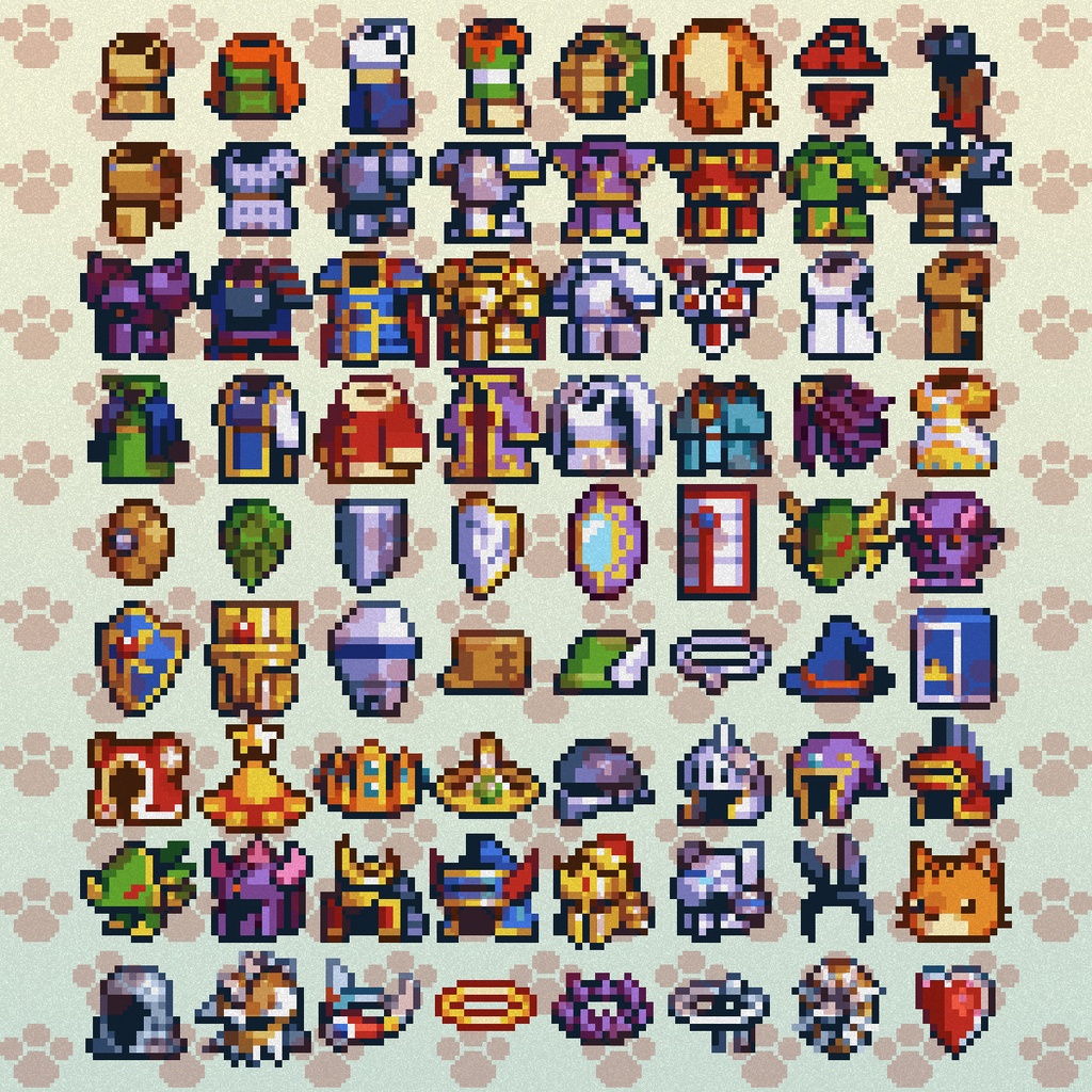 ドット絵アイコンセット「防具Ⅰ」(32×32+16x16) 頭・胴・盾装備 72アイテム