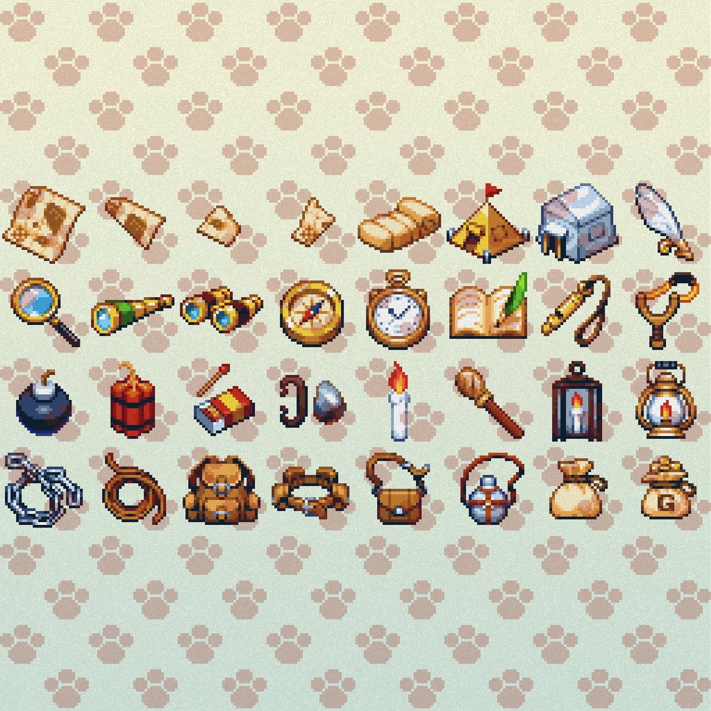 ドット絵アイコンセット「冒険雑貨」(32×32+16x16) 32種
