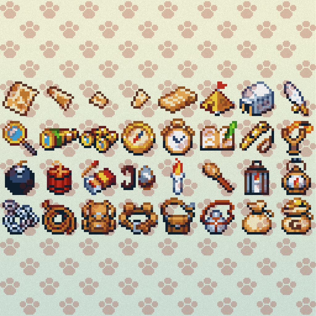 ドット絵アイコンセット「冒険雑貨」(32×32+16x16) 32種