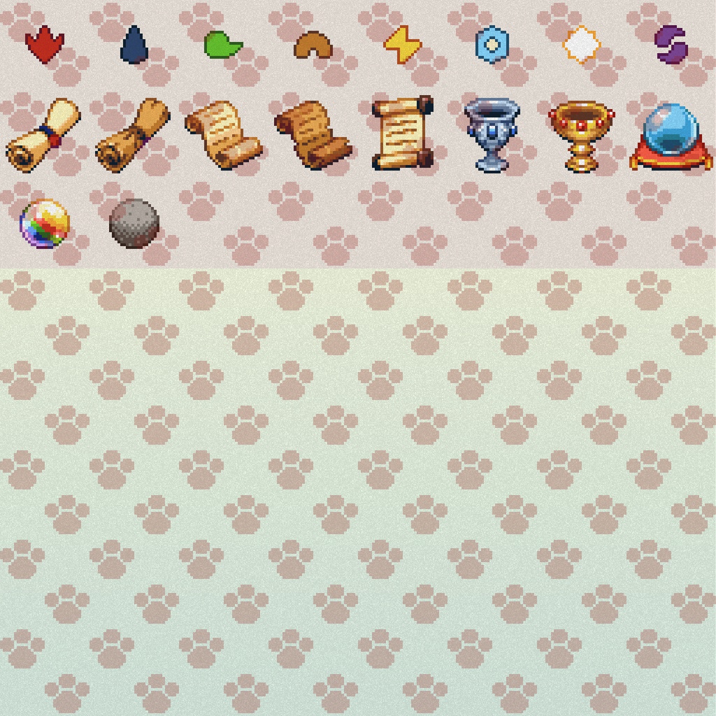 ドット絵アイコンセット「魔法雑貨」(32×32+16x16) 9種x8属性+10アイテム