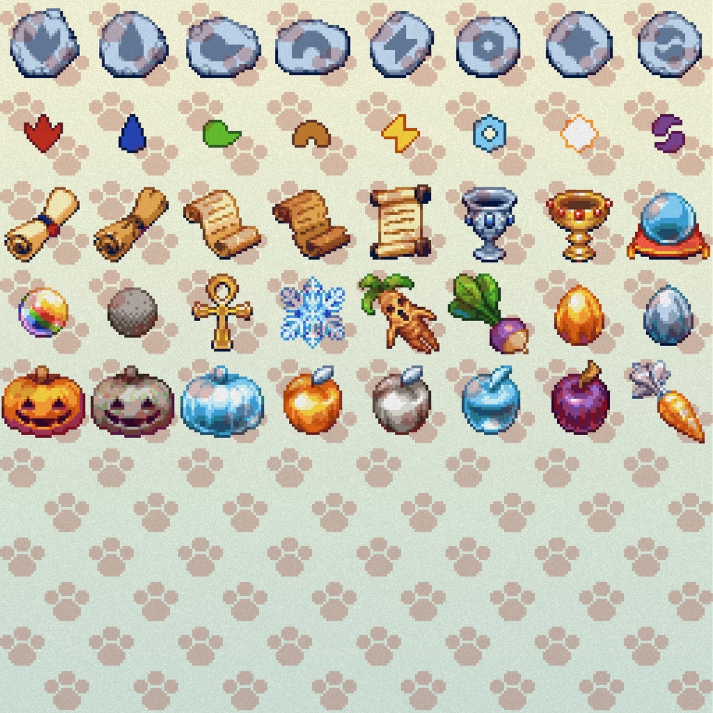 ドット絵アイコンセット「魔法雑貨」(32×32+16x16) 10種x8属性+24アイテム