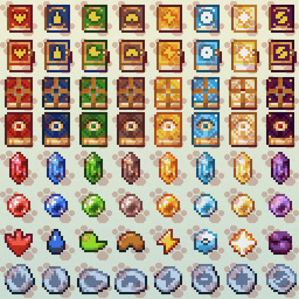 ドット絵アイコンセット「魔法雑貨」(32×32+16x16) 9種x8属性+10アイテム