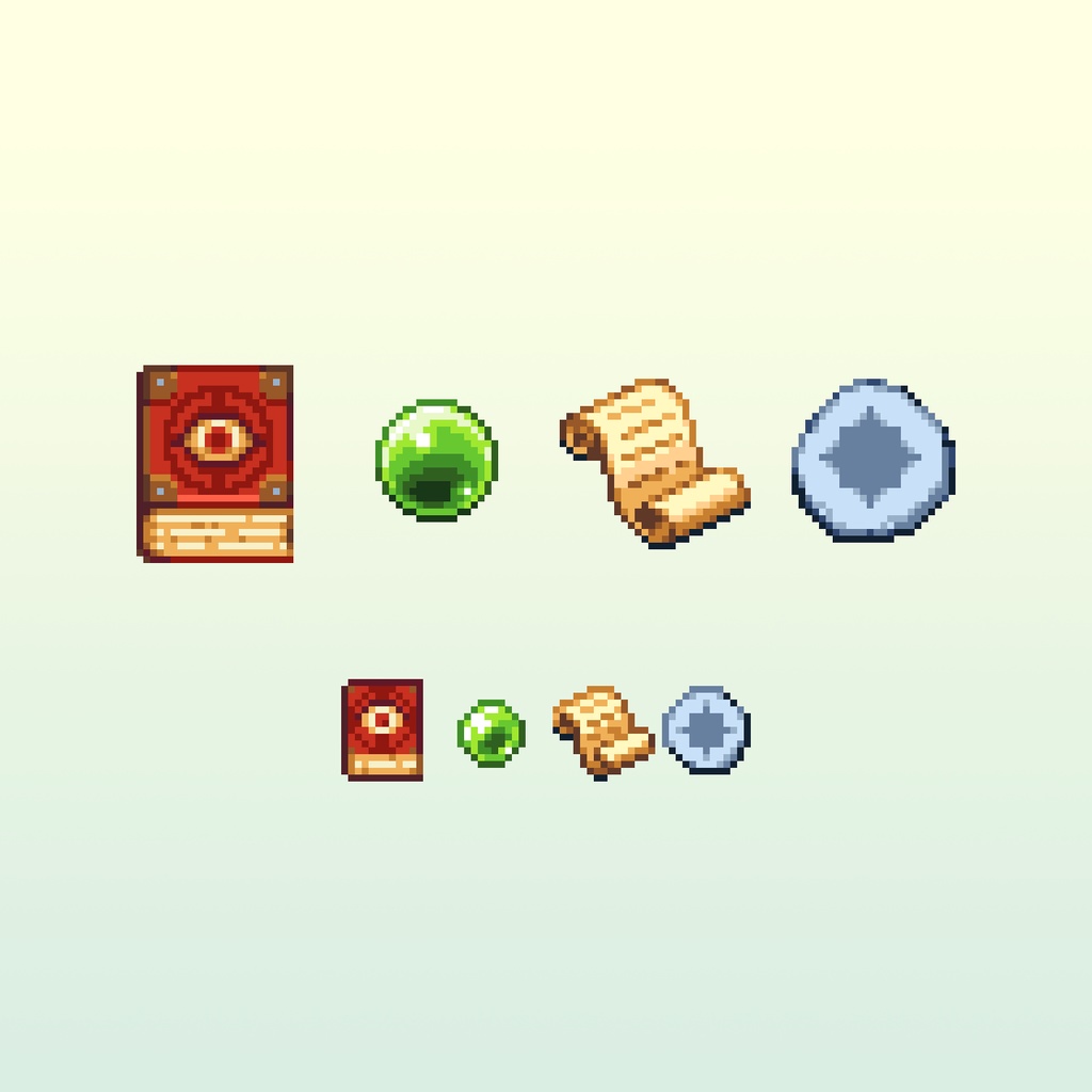 ドット絵アイコンセット「魔法雑貨」(32×32+16x16) 10種x8属性+24アイテム