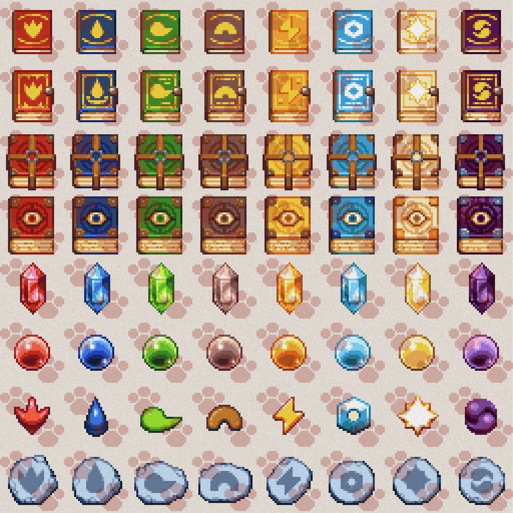 ドット絵アイコンセット「魔法雑貨」(32×32+16x16) 9種x8属性+10アイテム