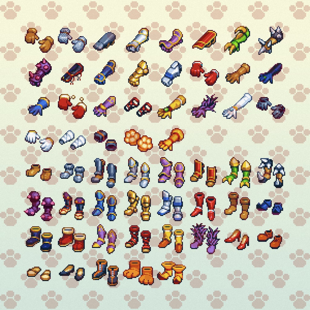 ドット絵アイコンセット「防具II」(32×32+16x16) 手・脚装備 58アイテム