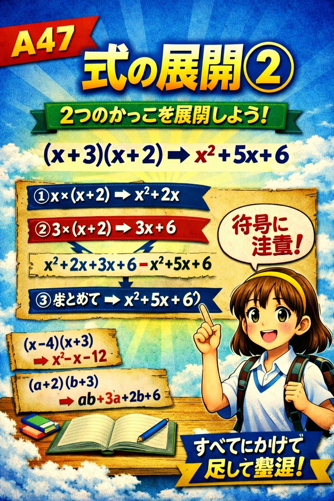 中3数学 A47|式の展開②:2つのかっこの展開(フルカラー解説)