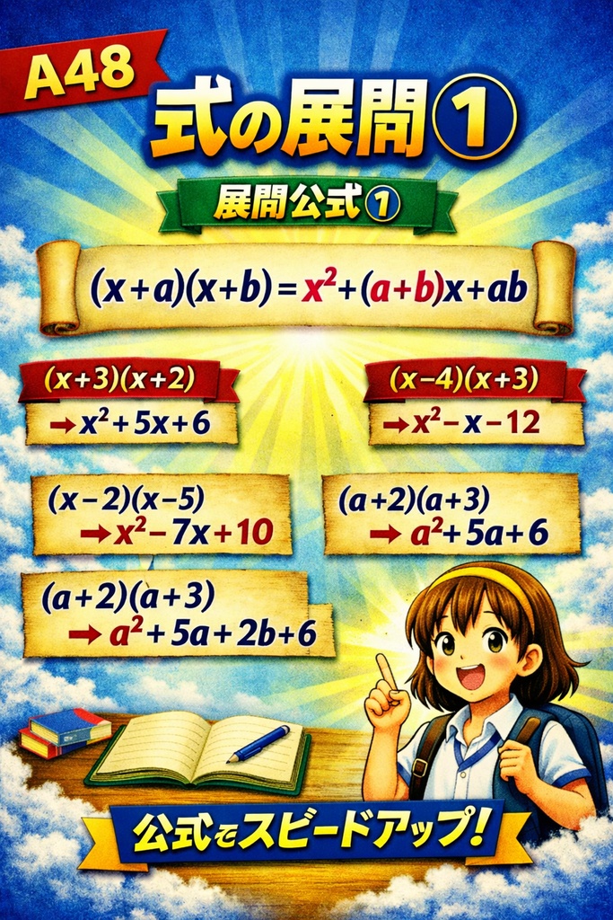 中3数学 A48｜展開公式①：a²＋2ab＋b²（フルカラー図解）