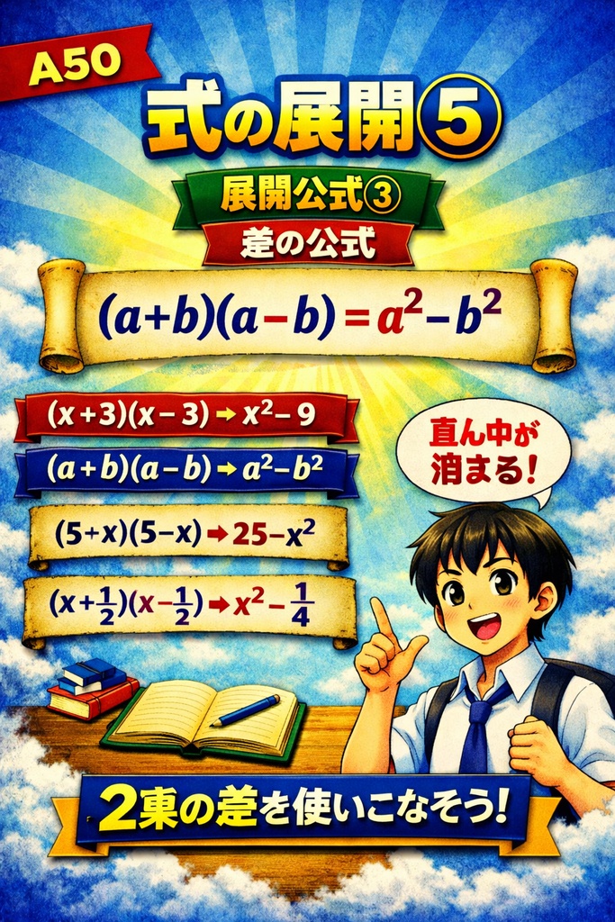 中3数学 A50｜展開公式③：(a−b)² = a² − 2ab + b²（フルカラー図解）