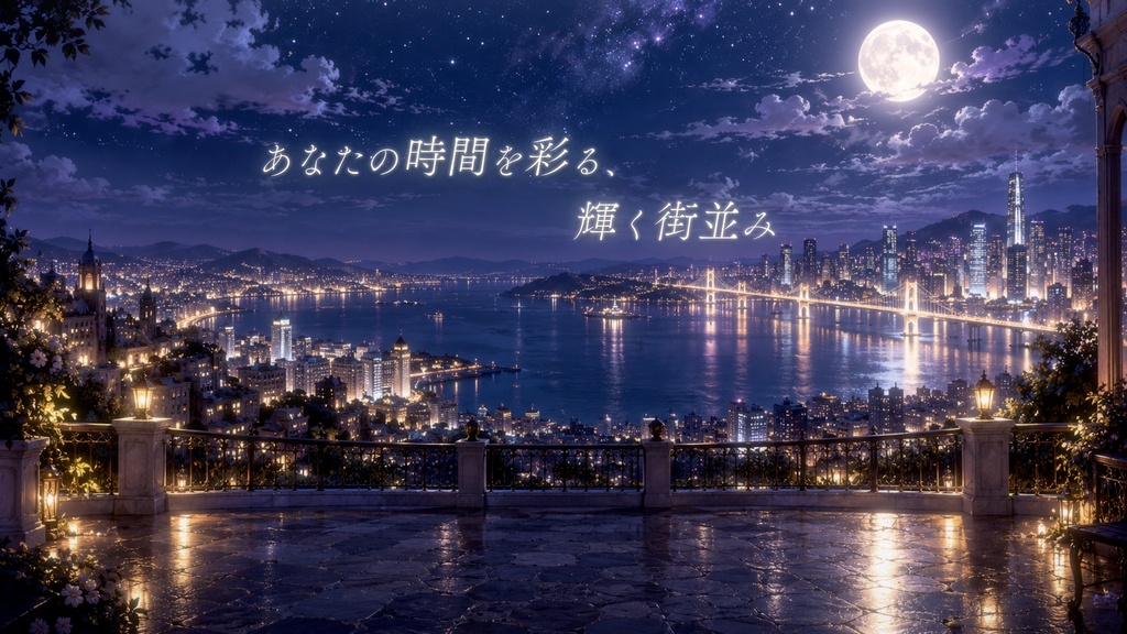 【動く背景】満月の夜景 4景セット|夜景・街あかり【無料】_Moonlit City Nights