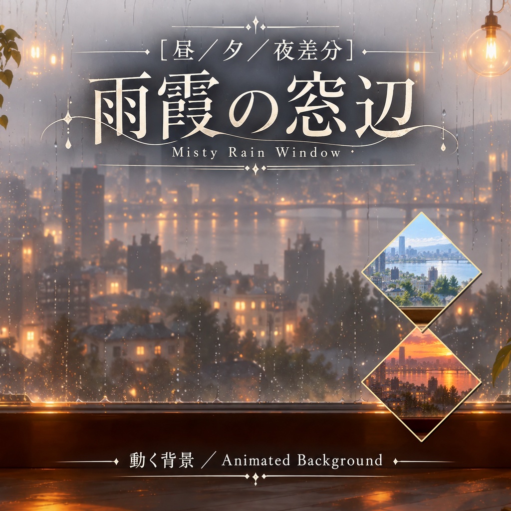 【動く背景】雨霞の窓辺｜雨の日のカフェ・窓の雨_Misty Rain Window［昼／夕／夜差分］
