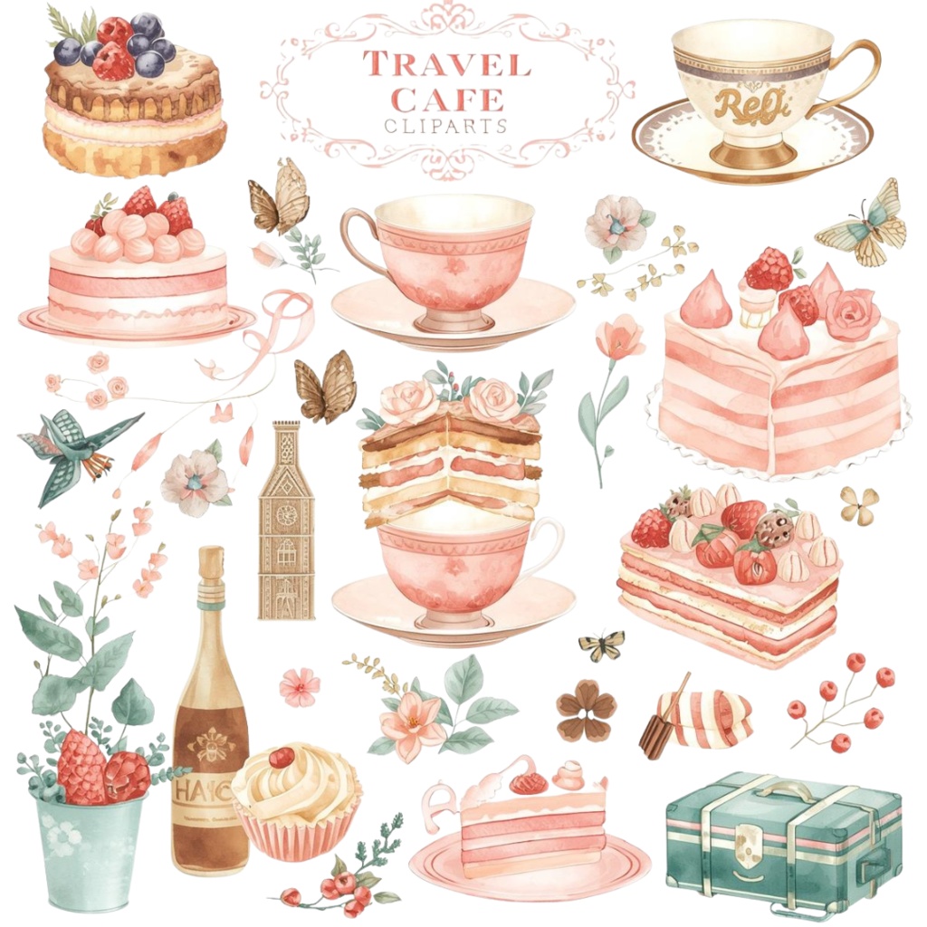 【商用利用可】水彩画風 × ピンク × アンティーク調かわいい旅行クリップアート 40種セット(PNG)