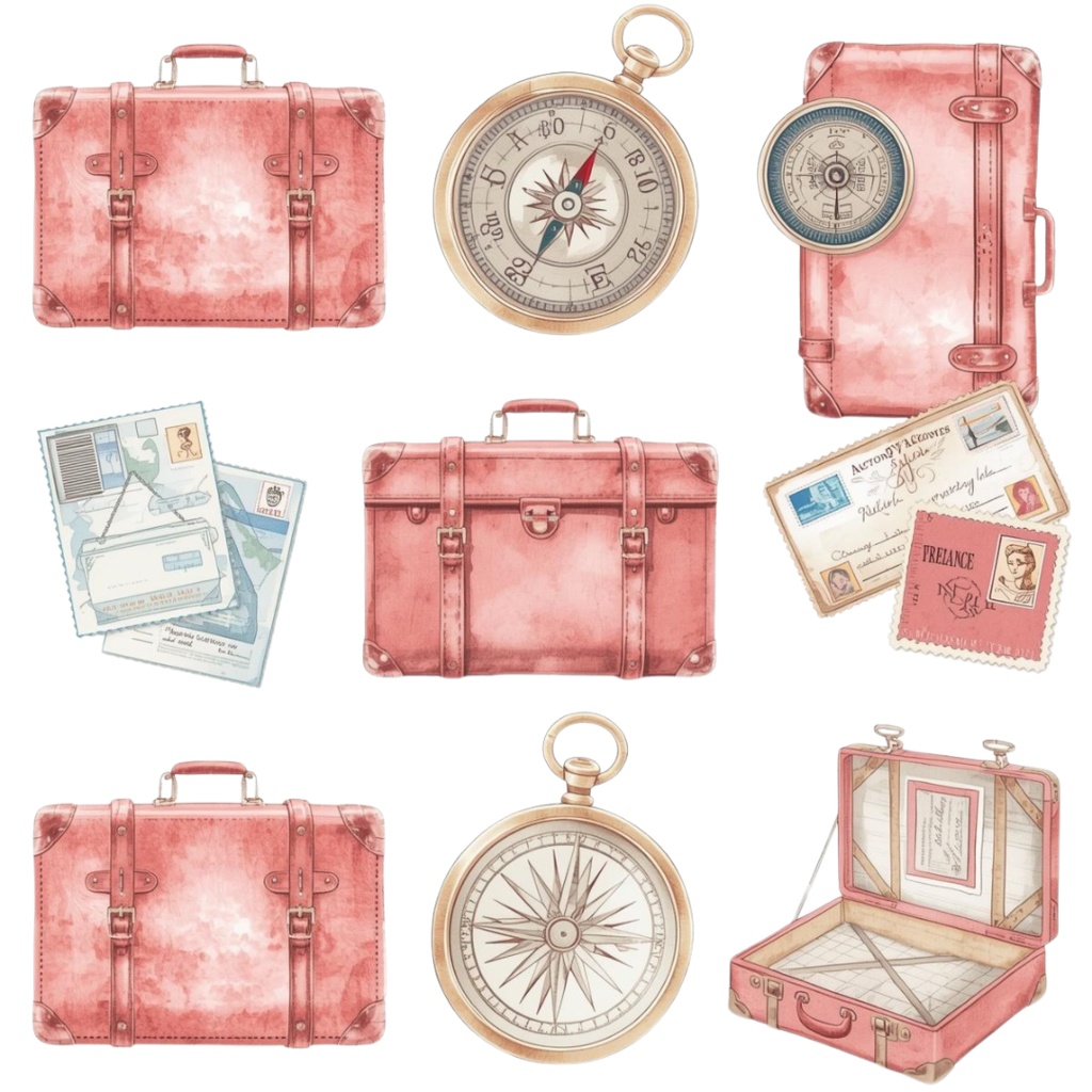 【商用利用可】水彩画風 × ピンク × アンティーク調かわいい旅行クリップアート 40種セット(PNG)