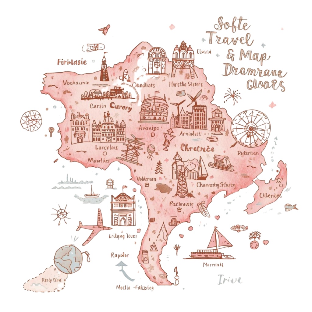 【商用利用可】水彩画風 × ピンク × アンティーク調かわいい旅行クリップアート 40種セット(PNG)