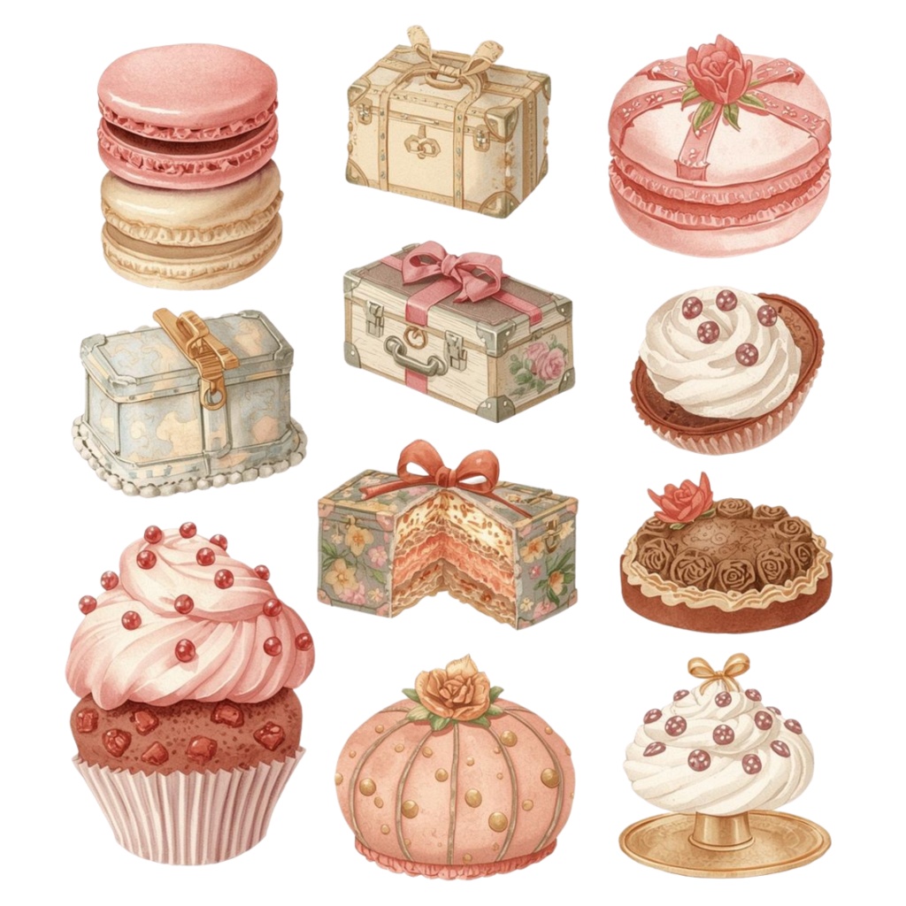 【商用利用可】水彩画風 × ピンク × アンティーク調かわいい旅行クリップアート 40種セット(PNG)