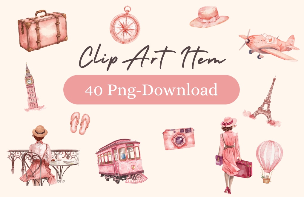 【商用利用可】水彩画風 × ピンク × アンティーク調かわいい旅行クリップアート 40種セット（PNG）