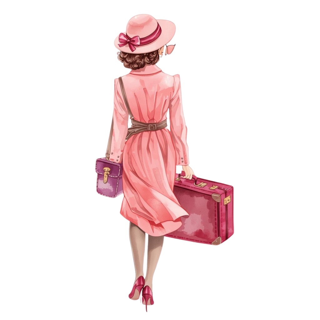 【商用利用可】水彩画風 × ピンク × アンティーク調かわいい旅行クリップアート 40種セット(PNG)