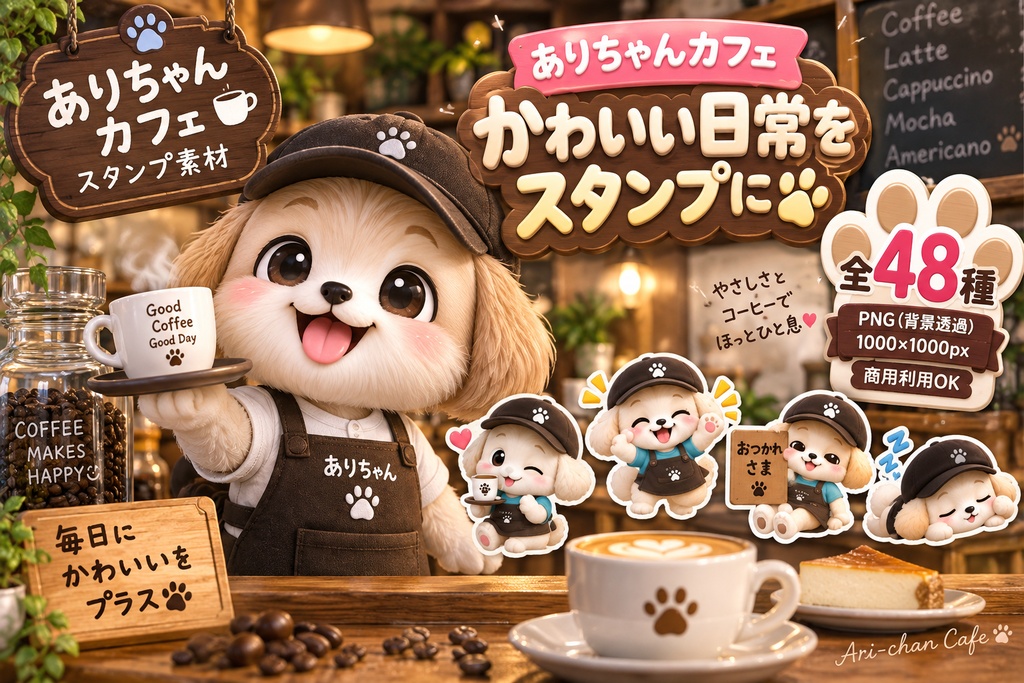 ありちゃんカフェ｜3Dデジタルステッカー48枚セット