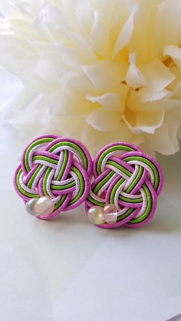 水引ピアス【桃×抹茶】