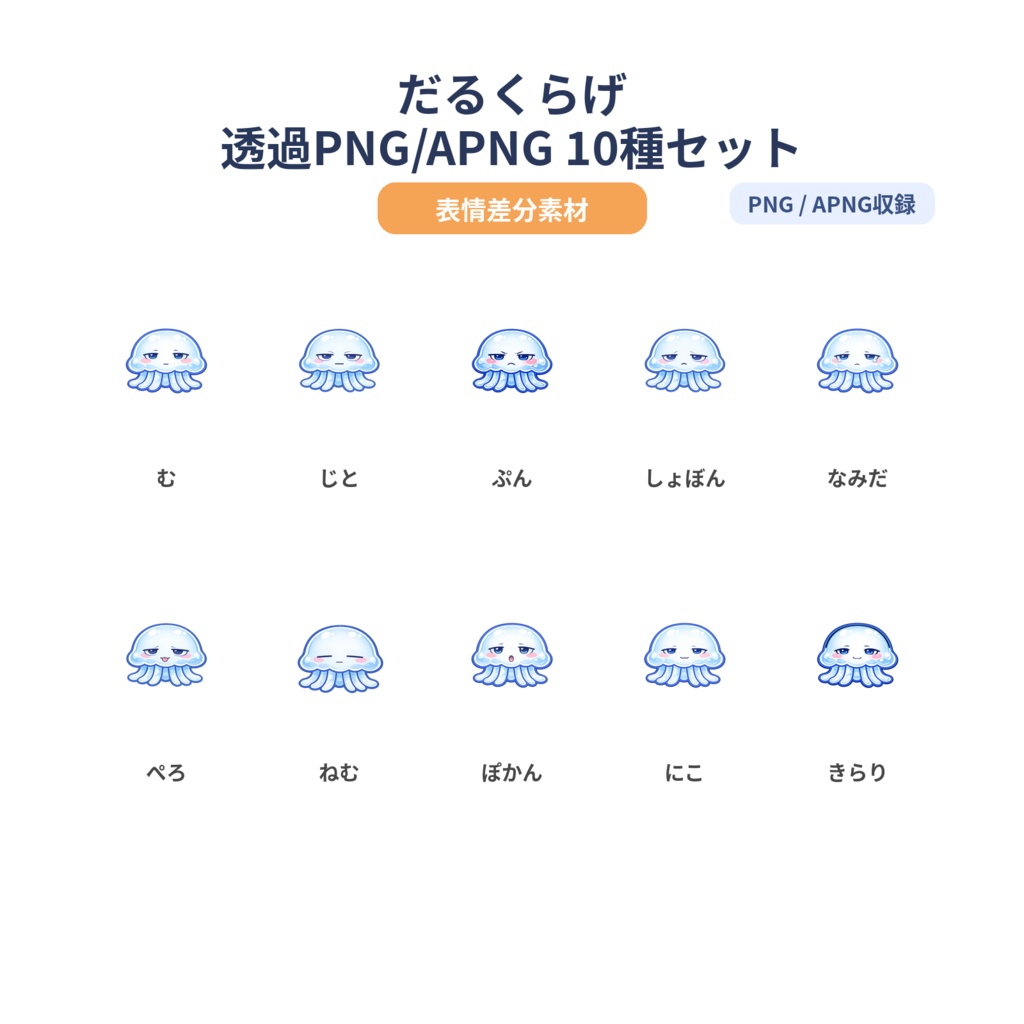 【動く！VTuber・配信素材】だるクラゲ メンタルステータスアイコン（APNG/PNG 10種）