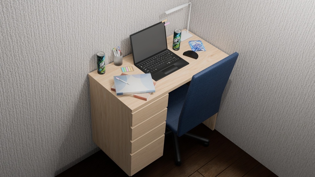 【3Dモデル】課題締切間際の大学生の机セット　StudentDeskSet