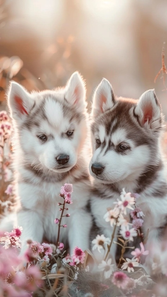 きらきらお花とハスキー子犬スマホ壁紙 🐾