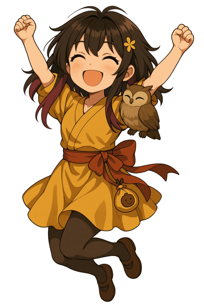 【背景透過PNG】かりんちゃん×ふくろう*5ポーズセット|高画質300dpi|商用利用OK|デジタル素材|イラスト素材|女の子クリップアート