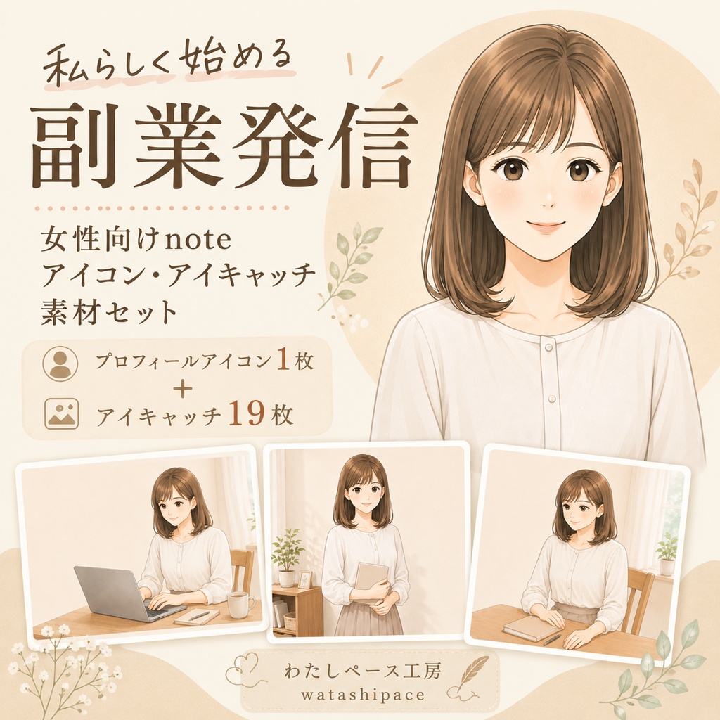 私らしく始める副業発信|女性向けnoteアイコン・アイキャッチ素材セット