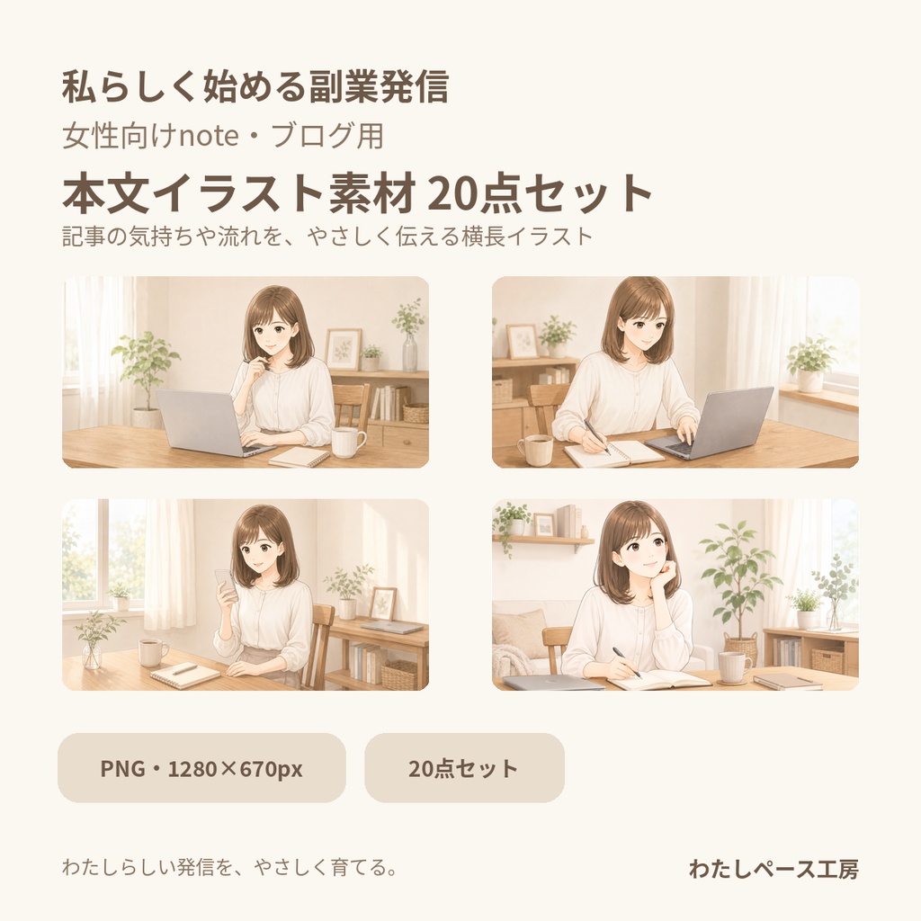 私らしく始める副業発信｜女性向けnote・ブログ用本文イラスト素材20点セット