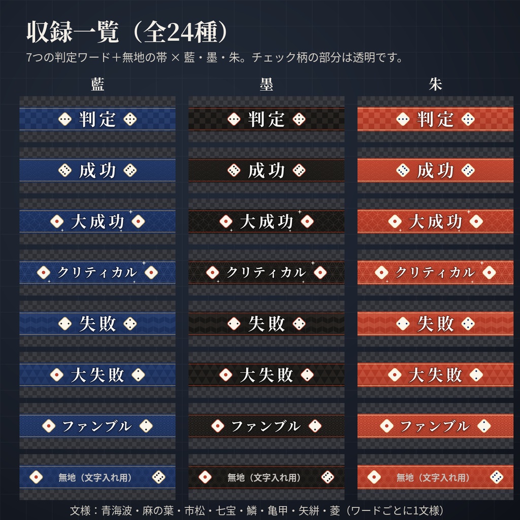 和柄のダイスロール演出APNG 24種|成功・失敗・クリティカル・ファンブル等の出目カットイン【無料版あり】ココフォリア・TRPG