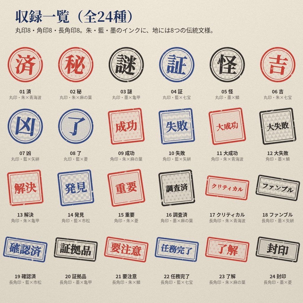 和柄スタンプAPNG 24種|成功・失敗・クリティカル・済・秘・発見 はんこ演出【無料版あり】ココフォリア・TRPG・マダミス