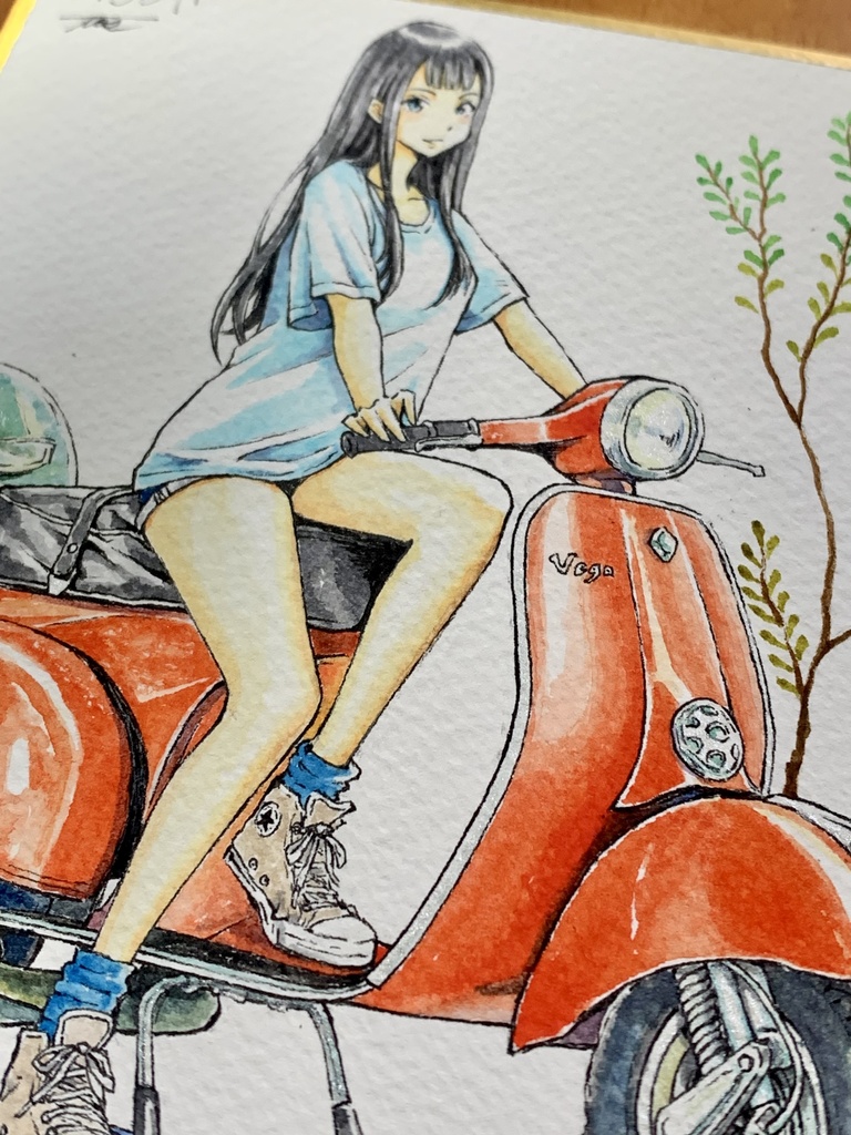 オリジナルイラスト色紙原画 『君とバイク』