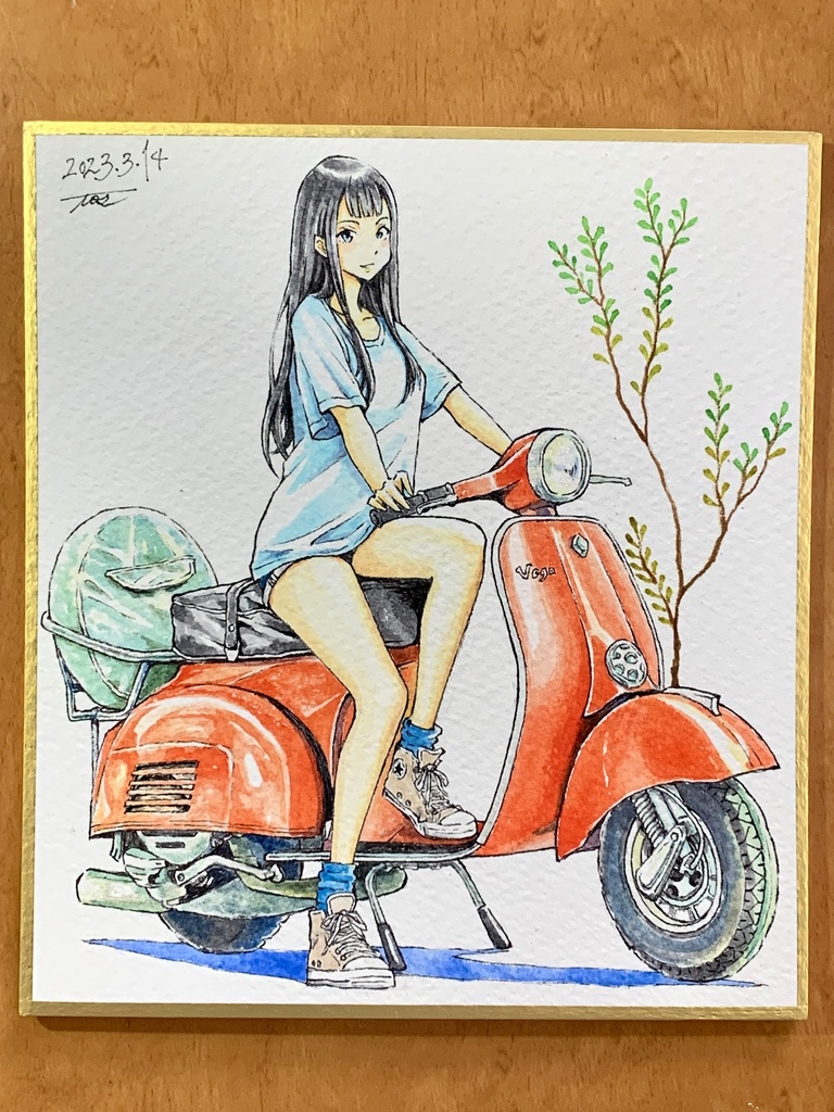 オリジナルイラスト色紙原画 『君とバイク』