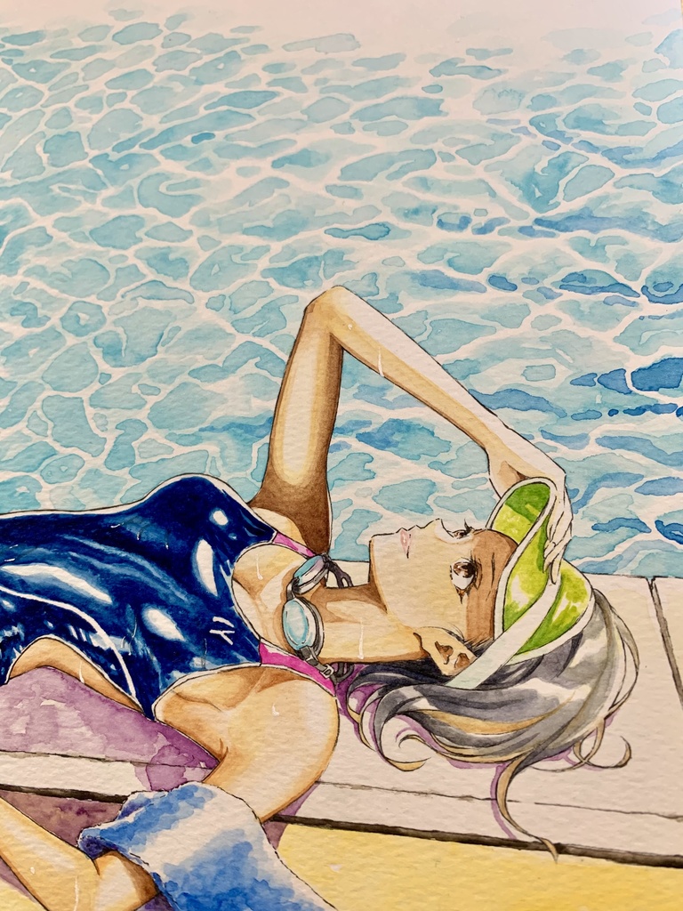 【R様専用】オリジナルイラスト色紙原画『プールサイド』