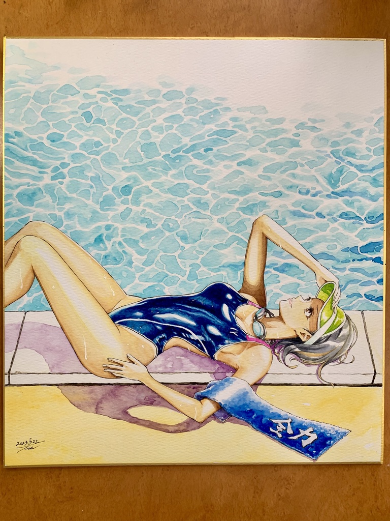 【R様専用】オリジナルイラスト色紙原画『プールサイド』