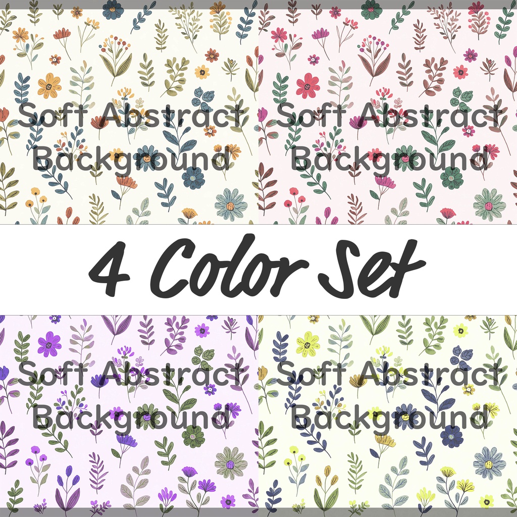 01_ナチュラルボタニカルフラワーパターン背景素材｜やさしい北欧風草花装飾模様（4色セット）