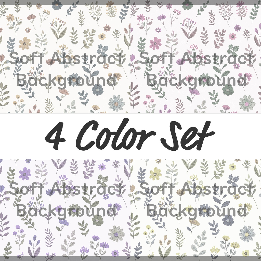 03_ナチュラルボタニカルフラワーパターン背景素材｜やさしい北欧風草花装飾模様（4色セット）
