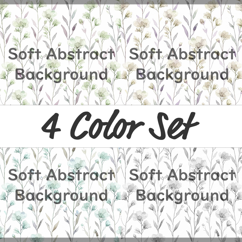 02_やわらか水彩ボタニカルフラワーパターン背景素材｜淡色ナチュラル草花模様（4色セット）