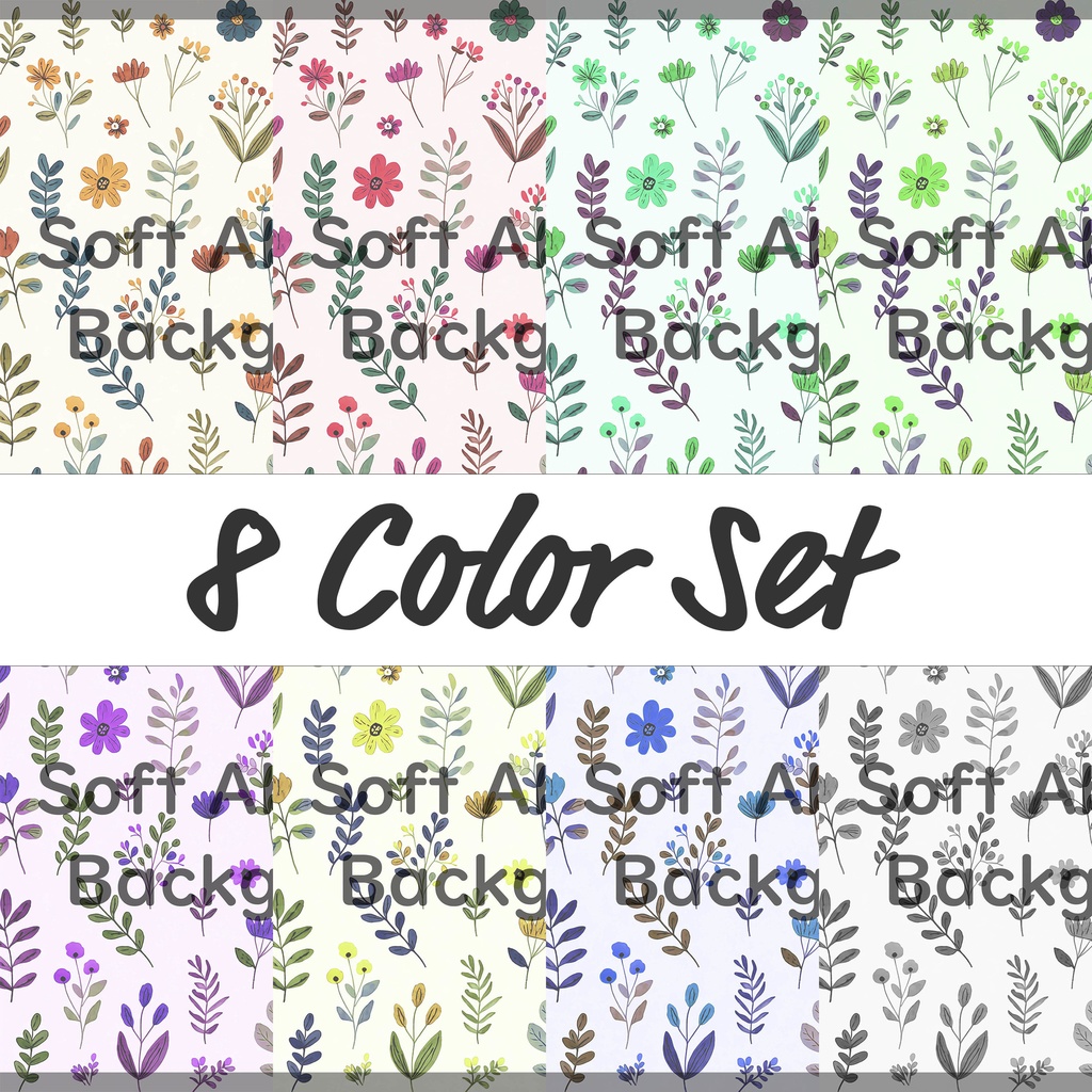 01_ナチュラルボタニカルフラワーパターン背景素材｜やさしい北欧風草花装飾模様（8色セット）